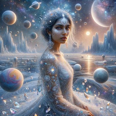 The primary subject of the image is a woman, who is the main focus of the scene. She is wearing a dress and is surrounded by a variety of celestial elements, such as planets, stars, and moons. The setting is a night sky, with the woman standing in front of a backdrop of celestial bodies. The visual style of the image is digital art, which adds a sense of fantasy and wonder to the scene. The colors and mood of the image are predominantly dark and mysterious